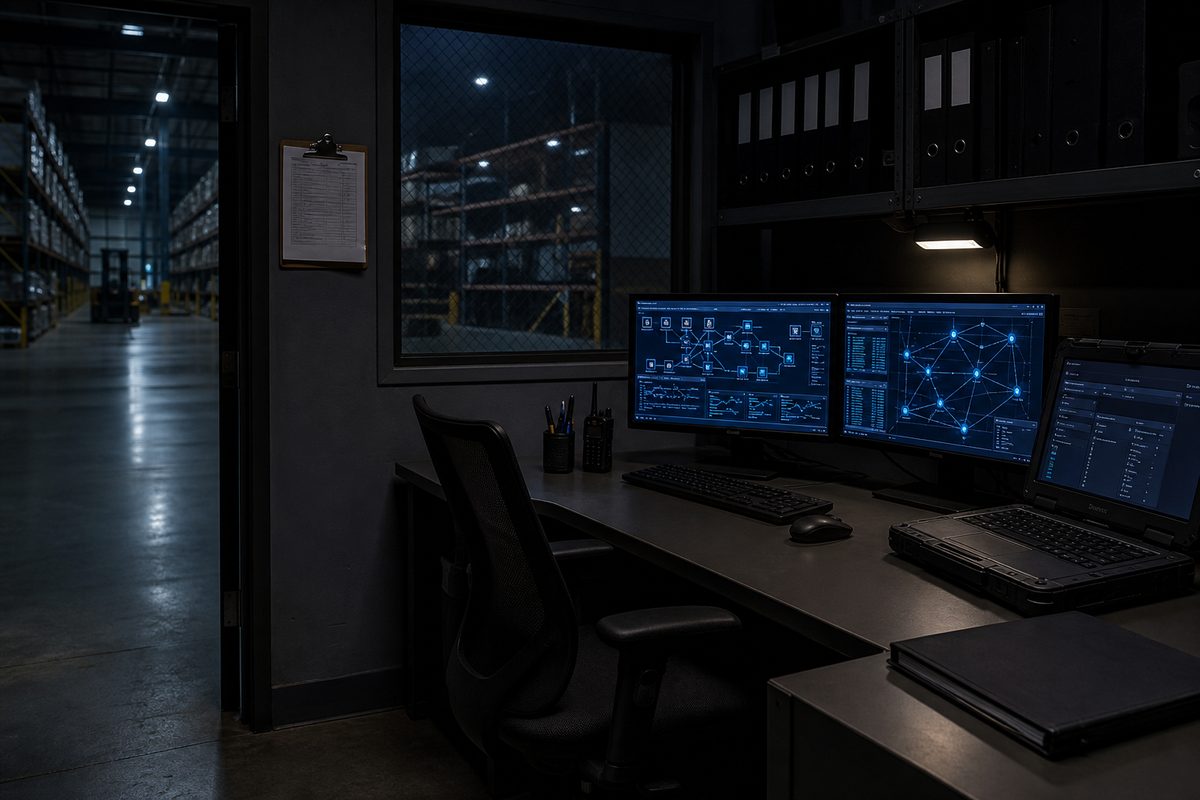A dim operations desk with monitors and radios overlooking a warehouse floor.