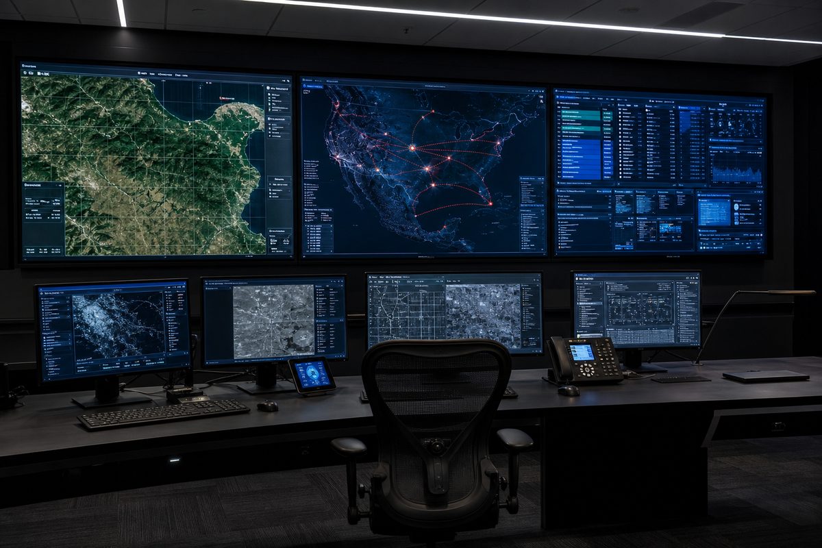 A dim command center with wall screens showing maps and data dashboards.