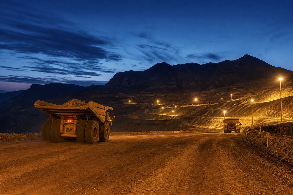 Haul trucks on a lit dirt road at a remote site at dusk.